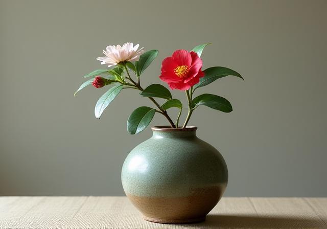 A simple Chabana arrangement for tea ceremony with a single camellia flower and bud in a rustic vase, highlighting natural purity.