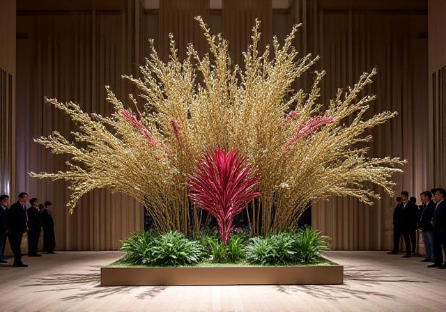 A large-scale, modern floral installation, featuring dynamic lines and bold elements, designed for a corporate event entrance.