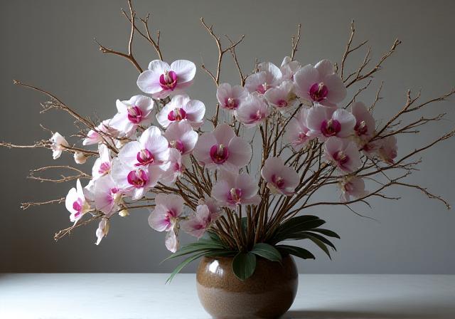 A modern, freestyle Ikebana arrangement featuring elegant orchids and artfully intertwined dried branches, expressing dynamic movement.