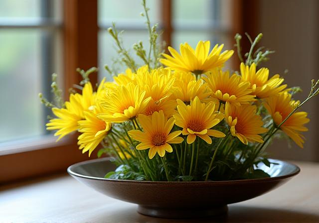 A classic Moribana style Ikebana with vibrant yellow chrysanthemums, arranged thoughtfully in a shallow dish, embodying autumn's grace.